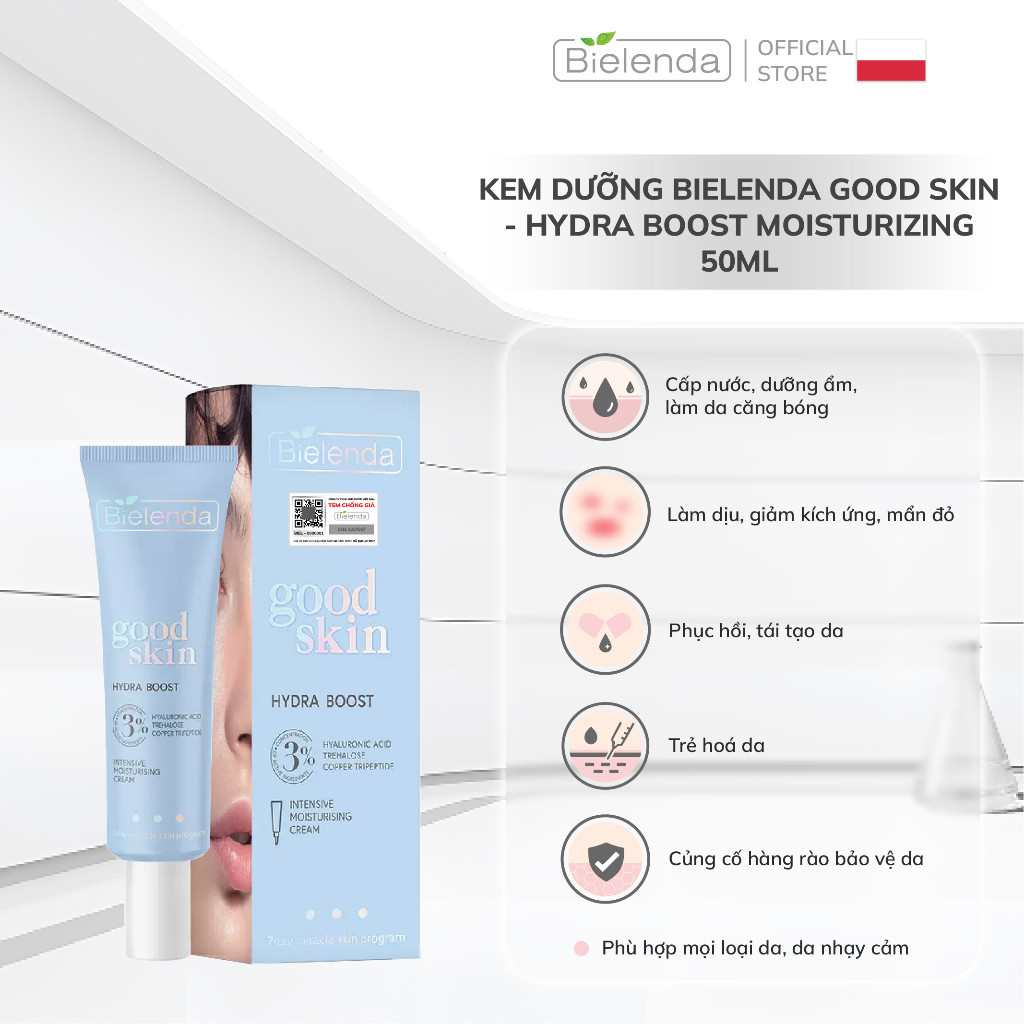 Kem dưỡng Bielenda Good Skin - Hydra Boost Moisturizing cấp nước, làm dịu và phục hồi da 50ml