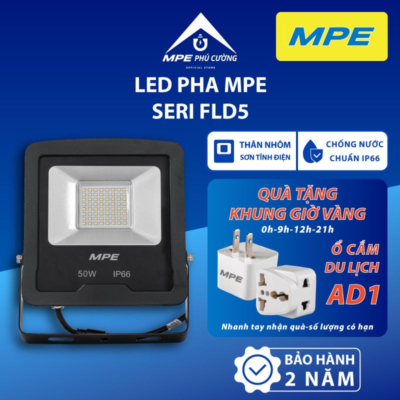 Đèn LED Pha seri FLD5 chính hãng MPE, Thân đèn trước sau đúc nhôm nguyên khối sơn tĩnh điện, lõi chống nước hiện đại