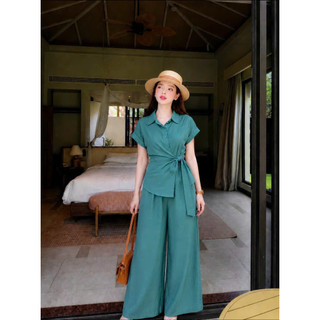 Set Bộ Quần Suông Áo Sơ Mi Thắt Nơ Eo Bigsize M-2XL Form Rộng Che Khuyết Điểm K&B FASHION
