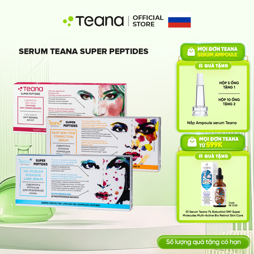 Serum Teana SUPER PEPTIDES giảm đỏ, mụn viêm/mụn ẩn/ phục hồi da nhạy cảm/ dưỡng trắng mờ thâm 10ml/20ml