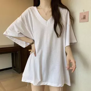 Áo thun ngắn tay cổ chữ V phong cách lười biếng cỡ lớn Fat mm Loose Covering Flesh Slimer Look Niche Design Mid @ -