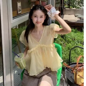 Áo babydoll cổ V voan tơ 2 tầng bèo, áo kiểu tay bồng M8118444 - - Hieuvy Botique