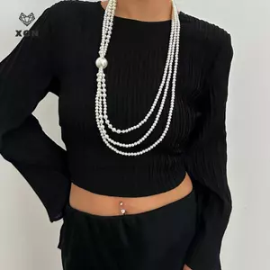 Ngọc trai giả mịn màng nhiều lớp thanh lịch dài sel Nelace dành cho nữ Hạt thời trang Dây chuyền áo len Ne Trang sức [Mina]