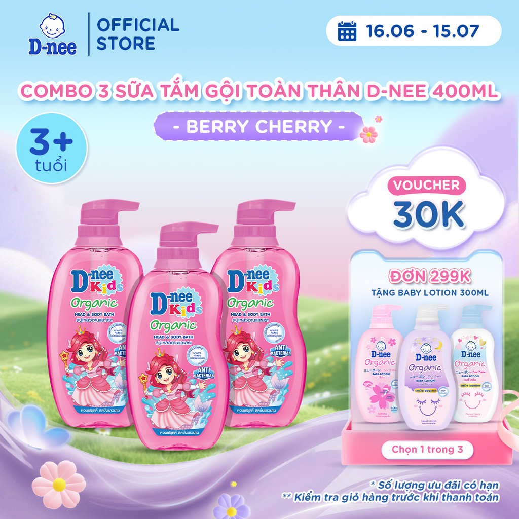 Combo 3 Tắm gội toàn thân trẻ em (>3 tuổi) D-nee 400 ML - Berry Cherry