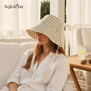 AqToCna Vải Lanh Sọc Thoáng Khí Sun Bonnet Có Dây Buộc cằm Có Thể Điều Chỉnh Chống Tia UV Cho Đi Biển Kỳ Nghỉ Sử Dụng Ngoài Trời AqToCna