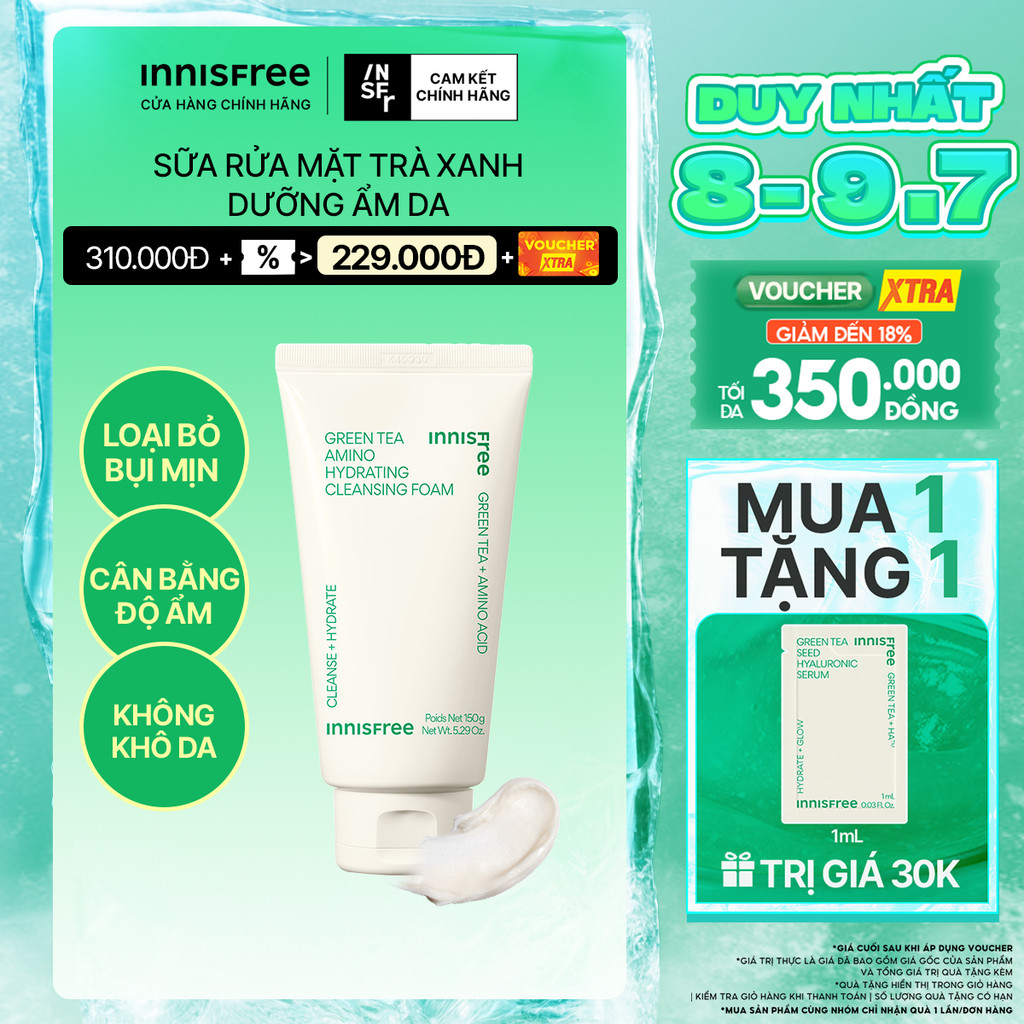 Sữa rửa mặt trà xanh sạch sâu ẩm mịn INNISFREE Green Tea Amino Cleansing Foam 150g