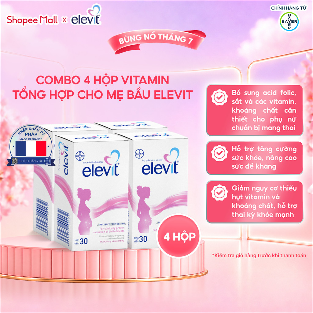 Bộ 4 Thực phẩm bảo vệ sức khỏe Elevit bổ sung Acid Folic, Sắt, Canxi, Các Vitamin và Các khoáng chất (30 Viên/Hộp)