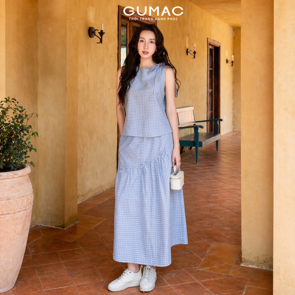 Set Lẻ Áo Yếm Nữ GUMAC Form Suông Thắt Nơ YAG03024 - Chân Váy Midi Dáng  A Xòe Lưng Thun 2 Tầng Xéo Trẻ Trung YVG03023