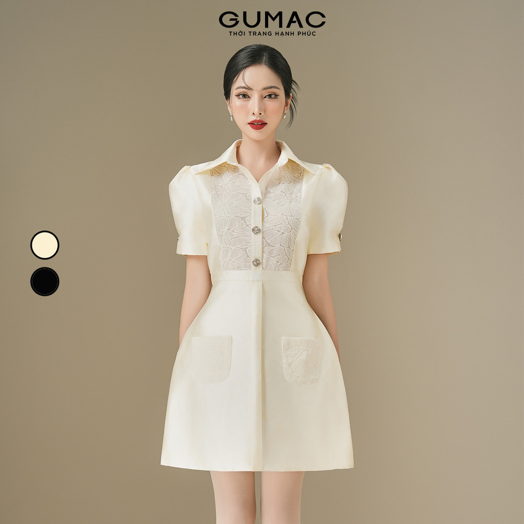 Đầm Nữ Dáng A Ngắn GUMAC Tay Ngắn Xếp Ly Phối Voan Điểm Nhấn Sang Trọng DE06015