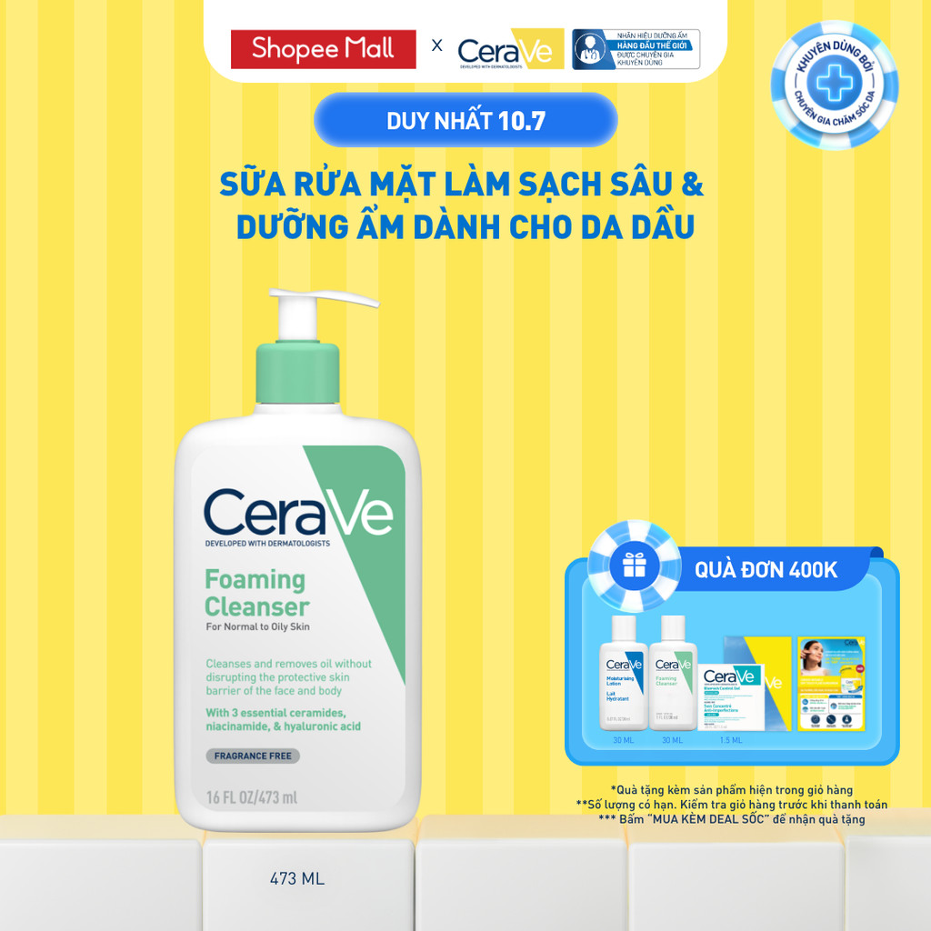 Sữa rửa mặt foaming giúp làm sạch sâu và dưỡng ẩm dịu nhẹ dành cho da dầu - CeraVe Foaming Facial Cleanser 473ML