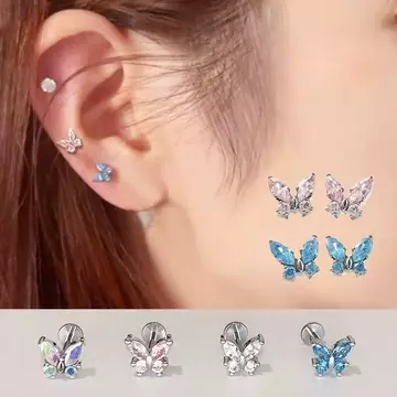 Bông tai sụn titan phẳng hình bướm zircon đầy màu sắc không gây dị ứng mặc hàng ngày