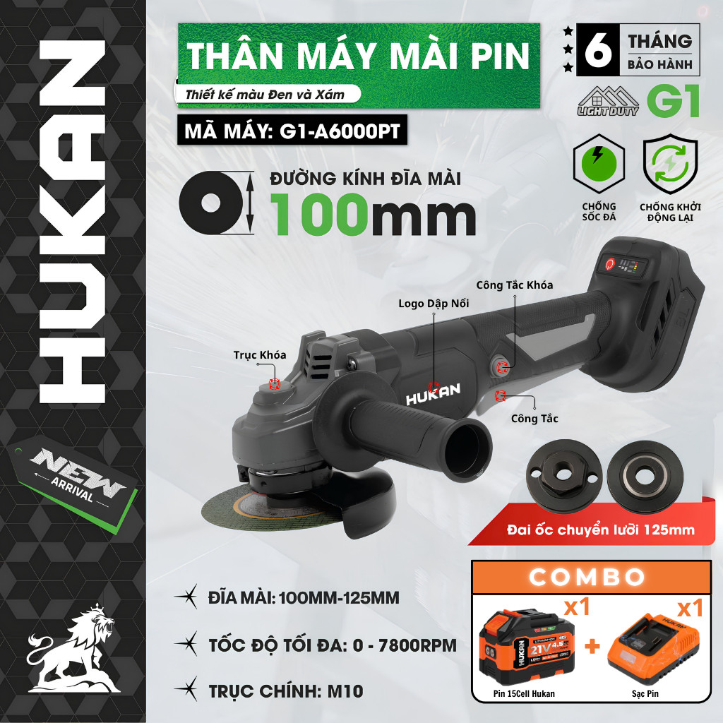 Trọn bộ phụ kiện máy mài pin Hukan AG5900BL gồm tay cầm phụ ốp chắn và pin xả cao