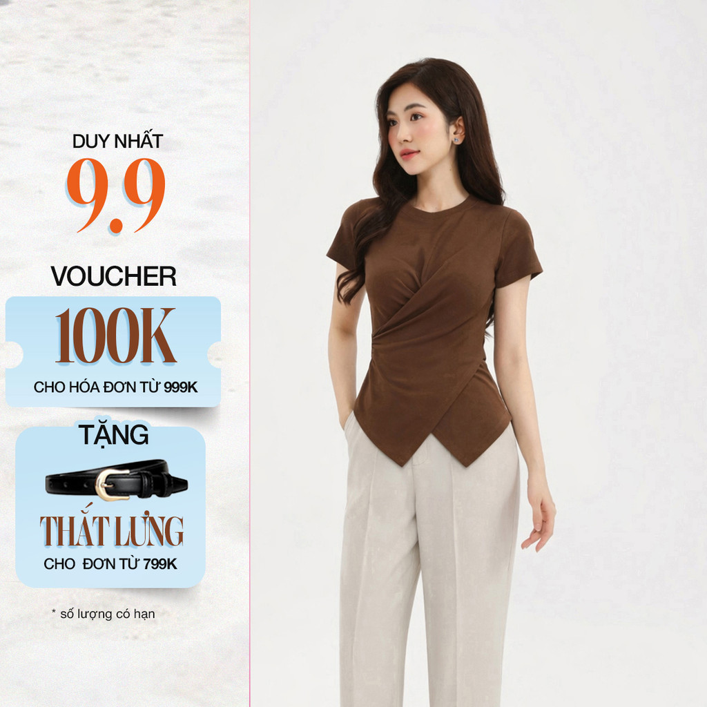 Áo Thun Kiểu Nữ GUMAC Áo Thun Gân Cổ Tròn Đắp Chéo Vạt V Tôn Dáng Co Giãn Nhiều LATF0521