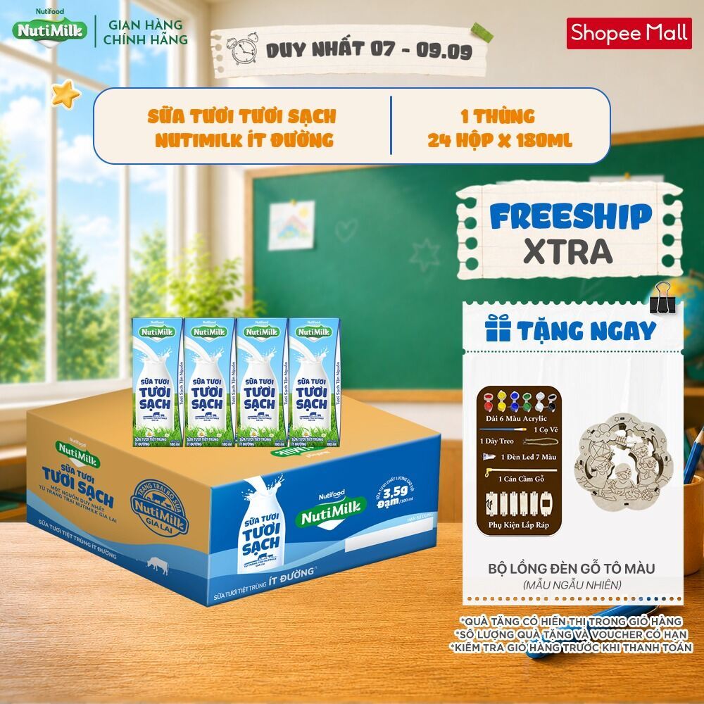 Thùng 24 Hộp Sữa Tươi Tươi Sạch NutiMilk Ít Đường Hộp 180ml