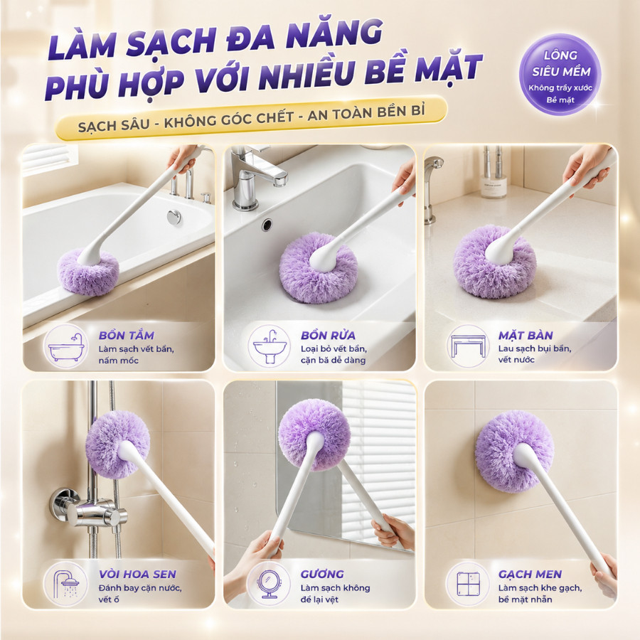 Chổi Cọ Vệ Sinh Bồn Tắm Gạch Men COZY Đầu Đám Mây Lông Mềm Kèm Kẹp Rác Tiện Lợi | BigBuy360 - bigbuy360.vn