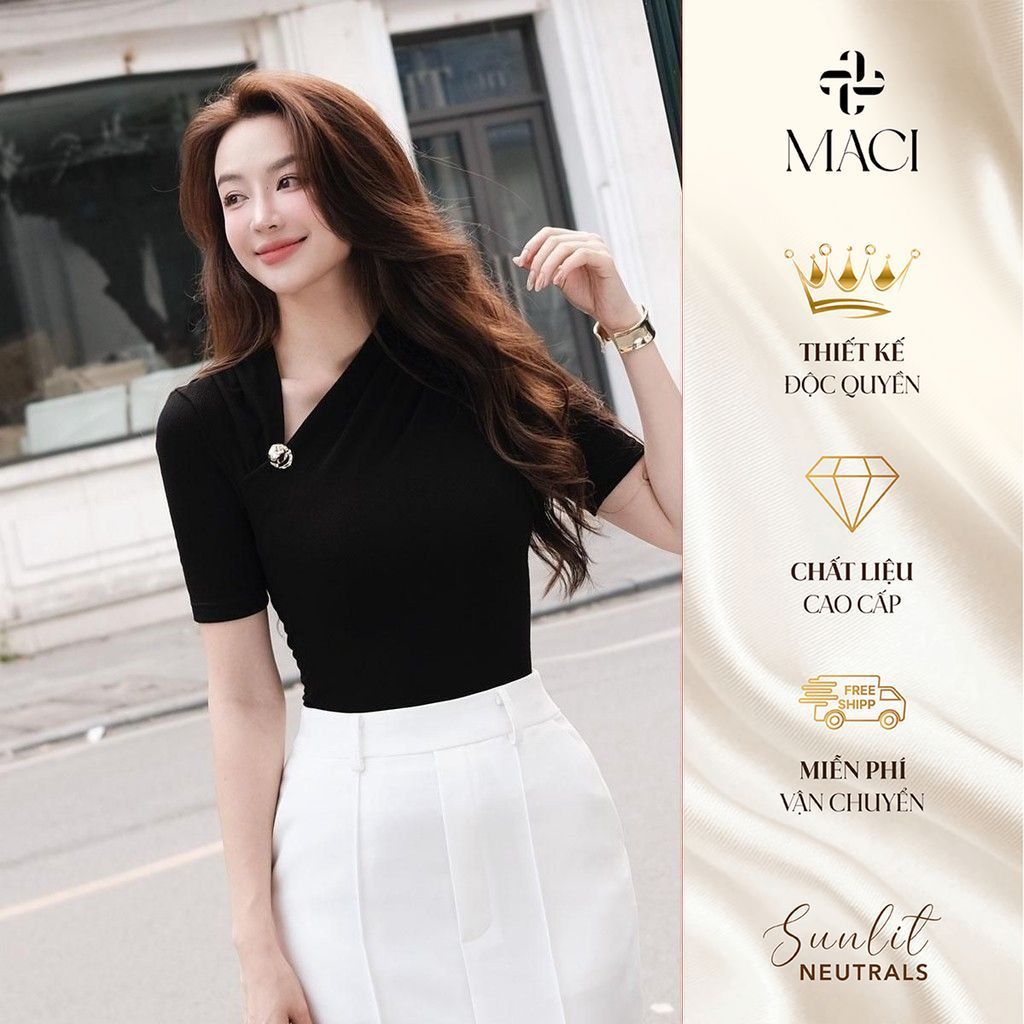Áo Thun Đen Trắng Cổ Chéo Khuy Vàng MACI MCAATDE0081 Thời Trang Nữ Thiết Kế Độc Quyền