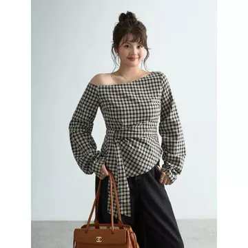 Plus Size Top Nữ Plus Size Quần Áo Nữ Kẻ Sọc Pháp Áo Sơ Mi Ren Nữ Mùa Thu Tính Khí Eo Eo Eo Ôm Hơn Dài Tay Áo Sơ Mi Thời Trang Nữ Plus Size Quần Áo Nữ