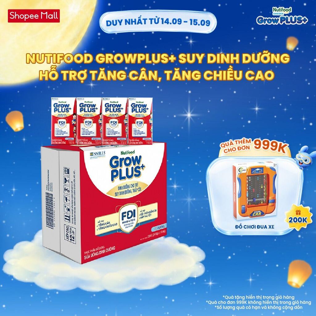 Thùng 24 hộp SBPS Nutifood GrowPLUS+ Suy Dinh Dưỡng (Đỏ) Ít đường 110ml - Tăng Cân, Tăng Chiều Cao (Bao bì tùy lô hàng)