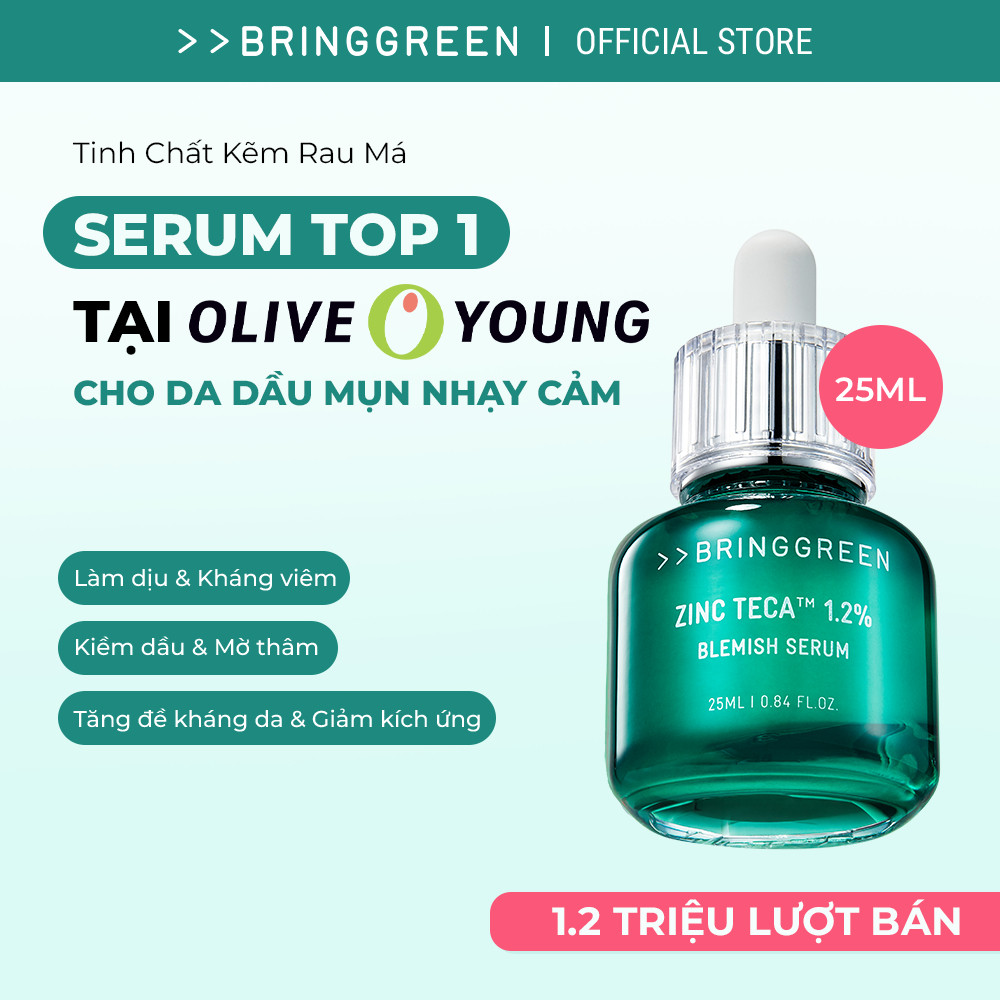 [Bring Green Chính hãng] Tinh chất Giảm mụn Kẽm Rau Má Bring Green ZINC TECA Blemish Serum dành cho Da Dầu mụn 25ml