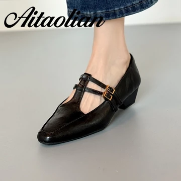 (Size 34-40) Da Thật Chính Hãng 4cm Giày Cao Gót Nữ Giày Cao Gót Mũi Nhọn Nữ Giày Cao Gót Da Phong Cách Anh Quốc Giày Nữ Màu Trơn Phù Hợp Với