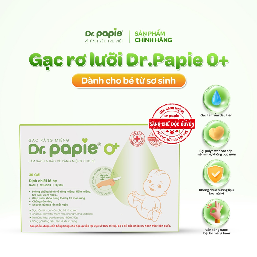Gạc Rơ Lưỡi Chiết Xuất Lá Hẹ, Làm Sạc,h Răng, Lưỡi, Nướu Bé Sơ Sinh Phòng Tưa Lưỡi Nấm Miệng Dr.Papie (Hộp 30/60 gói)