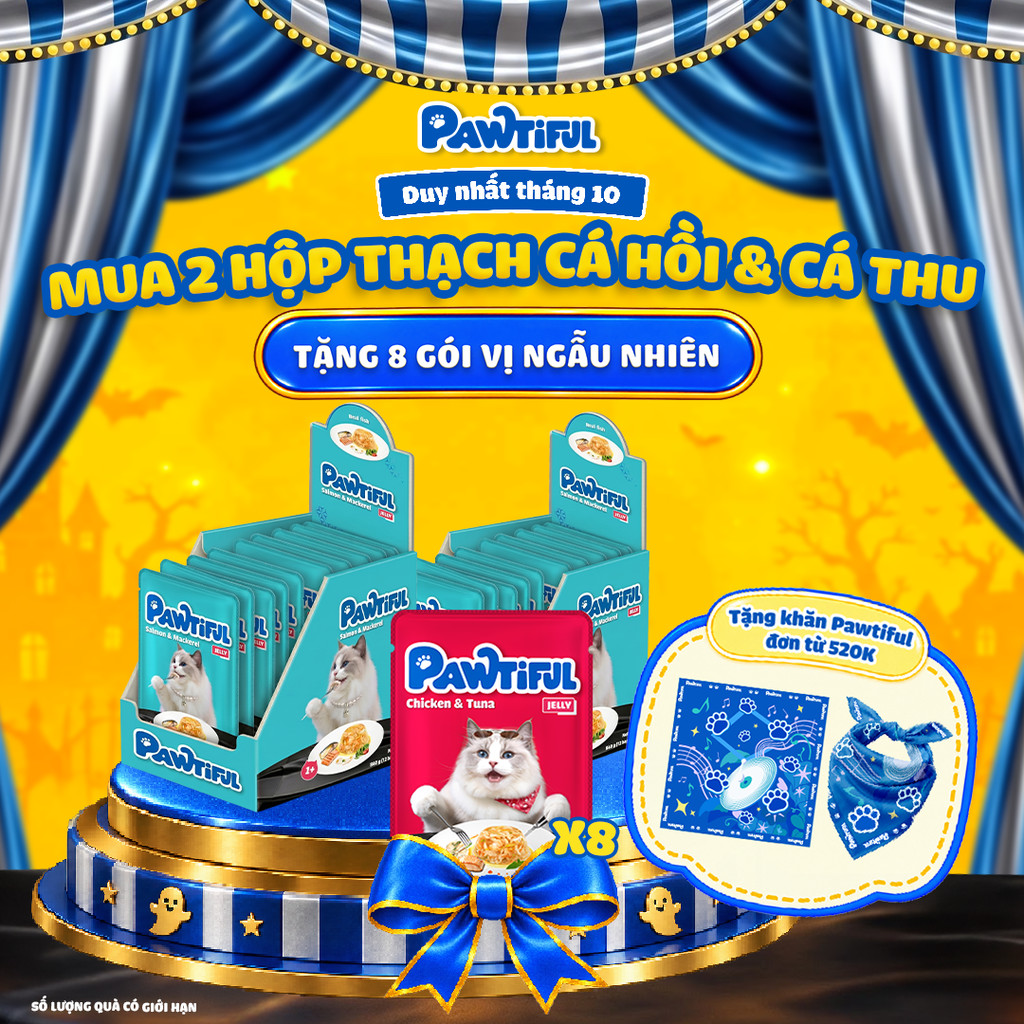 [MUA 2 HỘP TẶNG 8 GÓI] 2 Hộp Pate Pawtiful cho mèo dạng Thạch vị Cá hồi & Cá thu 2hộp x12túi x70g
