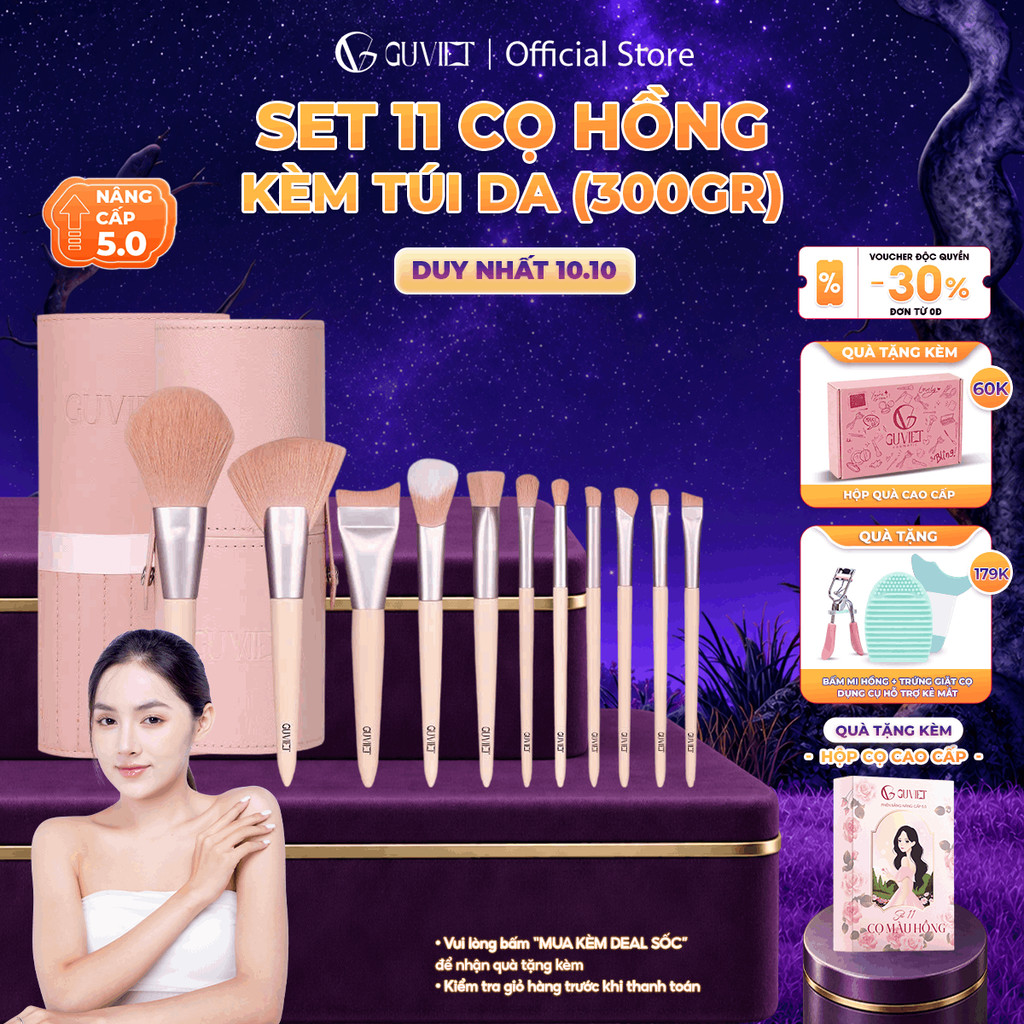 Bộ Cọ Trang Điểm Cá Nhân GUVIET 11 Cây Màu Hồng Kèm Túi Da Đựng Cùng Màu 300gr