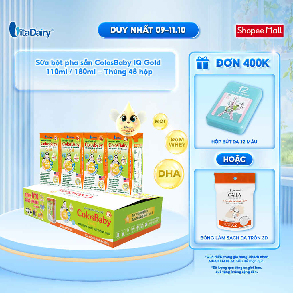 [THÙNG 48 HỘP] Sữa uống dinh dưỡng ColosBaby IQ Gold 110ml/180ml – Bổ sung DHA, hỗ trợ phát triển trí não