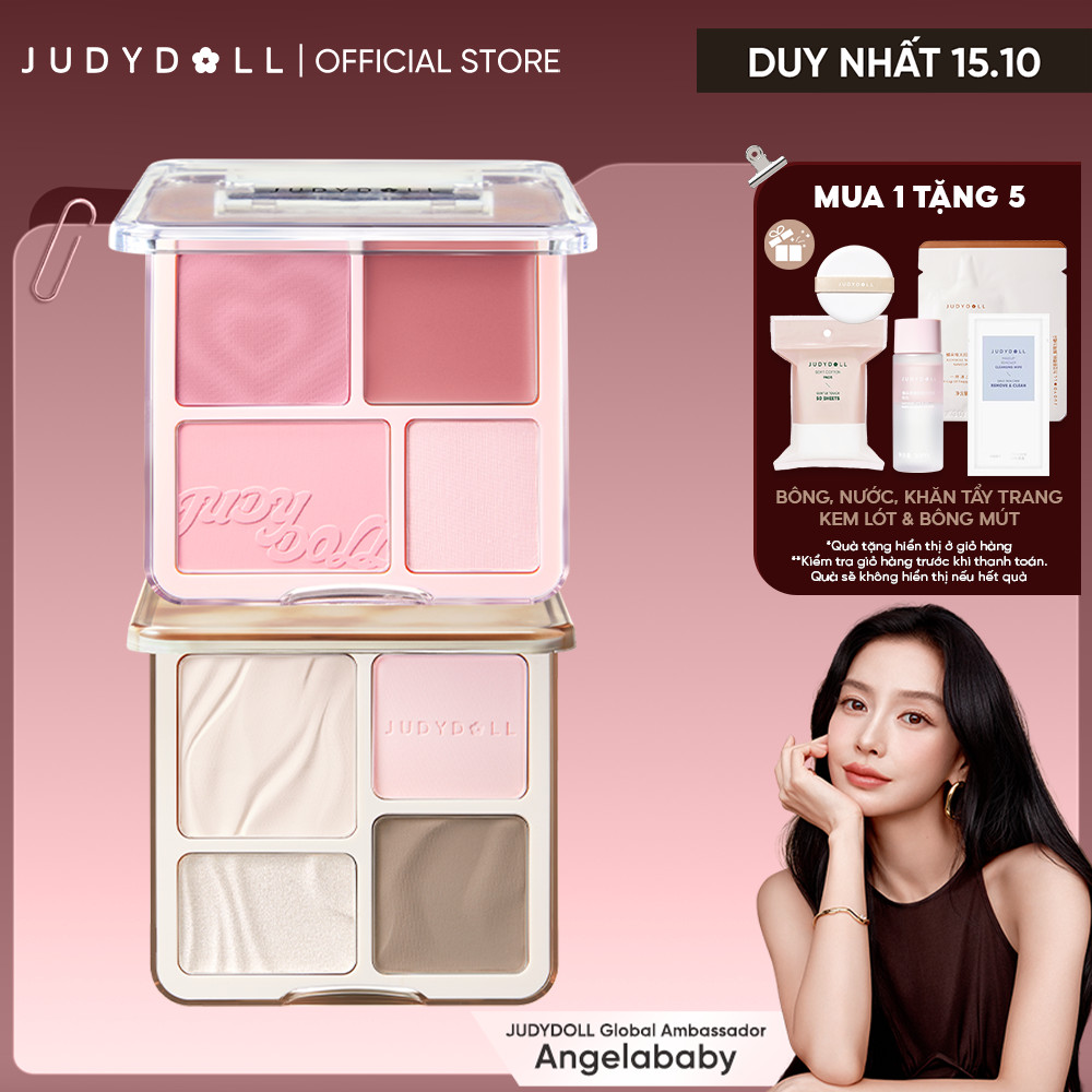 [Combo 2] Bảng Tạo Khối Bắt Sáng Highlight 4 Ô JUDYDOLL & Bảng Má Hồng 4 Ô JUDYDOLL Mỏng Nhẹ Lên Màu Tự Nhiên Mịn Da
