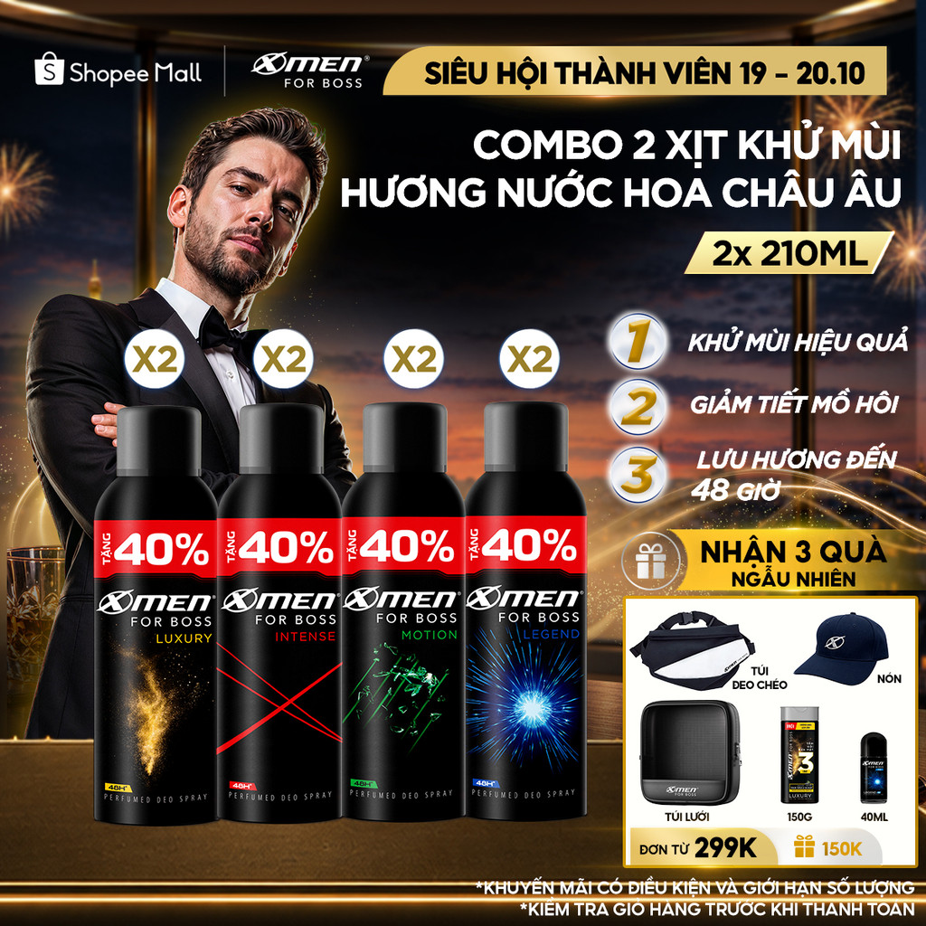 [Tặng thêm 40% dung tích] Combo 2 Xịt khử mùi X-Men For Boss 210ml/chai Khô Thoáng Lưu Hương 48H