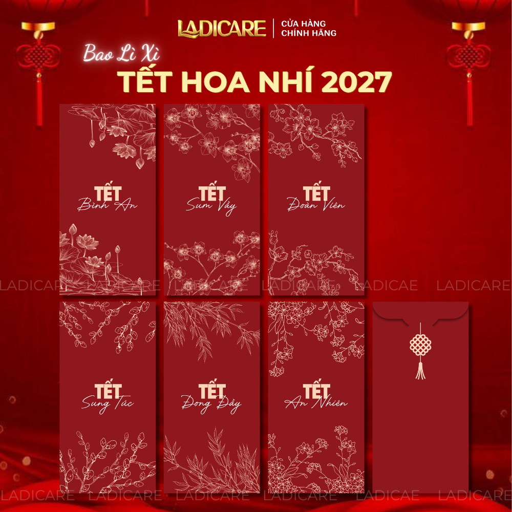 Set bao lì xì Tết 2027 Thiết kế Hoa lá mùa xuân, Hoa Sen, Tết Gia Đình Đoàn Viên - Giấy C150 dày cán màng cao cấp