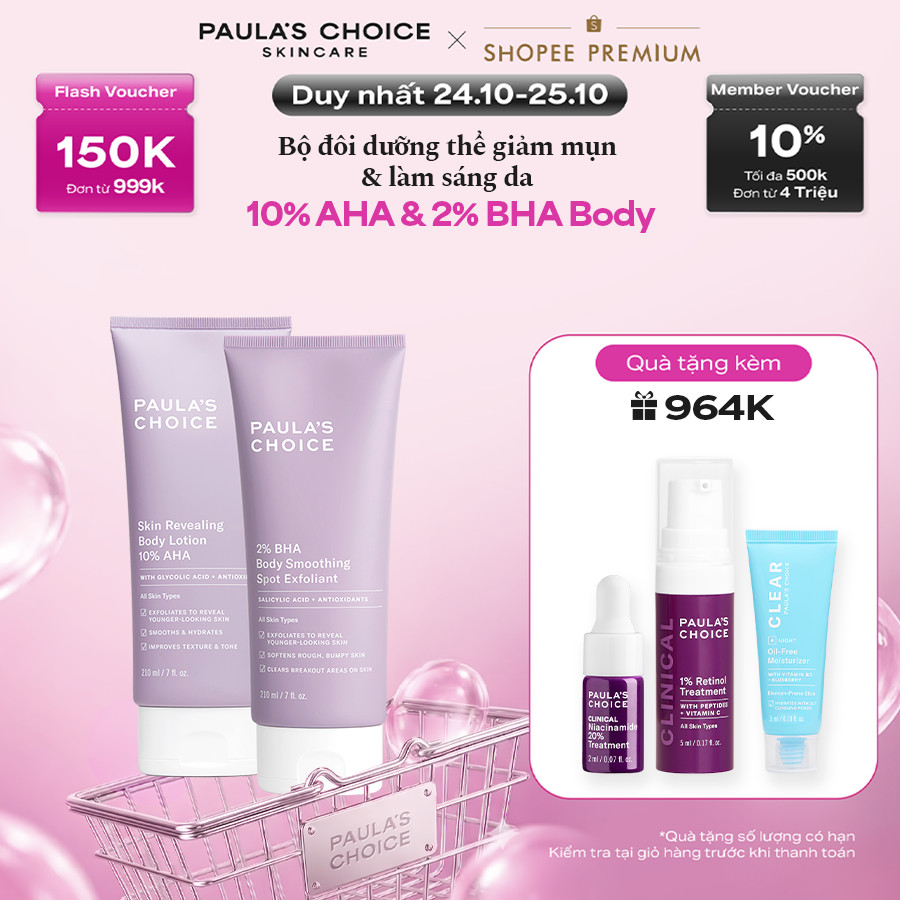 Bộ đôi kem dưỡng thể 10% AHA làm sáng da,mờ thâm+ 2% BHA giảm viêm lỗ chân lông và mụn cơ thể Paula's Choice