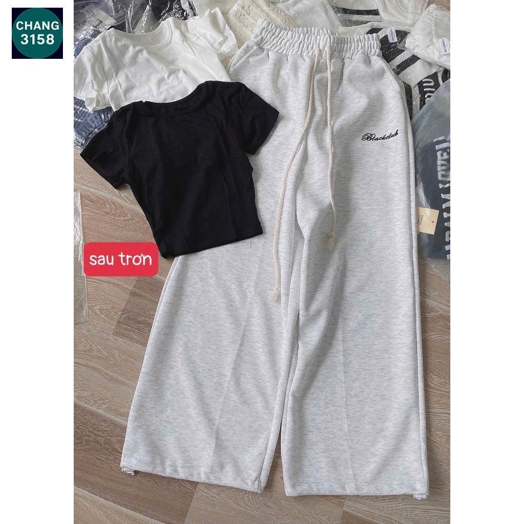 SÉT BỘ QUẦN ỐNG RỘNG DA CÁ DÁNG DÀI TRƠN+ MIX ÁO THUN TĂM CROPTOP TRƠN-CHANG3158