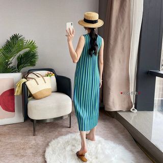 Miyake Váy Sọc Xếp Ly Cho Ngày Thường, Phù Hợp Mùa Hè, Chiều Dài