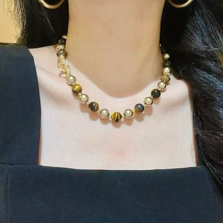 [N1125] Vòng Cổ, Dây Chuyền Mix Ngọc Nhân Tạo Kem Và Đá Mắt Hổ Tự Nhiên, Sang Trọng - DAISYN