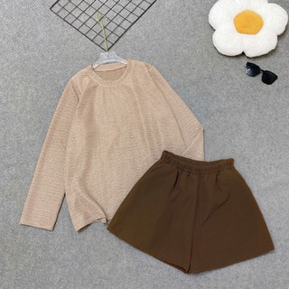 Đồ Bộ Bigsize Nữ Áo Thun Tay Dài Phối Quần Short Lưng Chun Form Rộng Cho Chubby A312+Q500