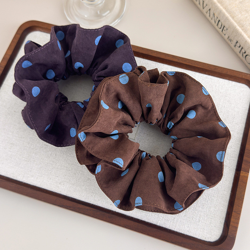 Khăn Scrunchy Tóc Chấm Bi Vuông Màu Xanh Cà Phê, Phong Cách Retro