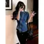 Áo sơ mi ngắn tay Denim cổ tròn màu xanh sang trọng cao cấp dành cho nữ