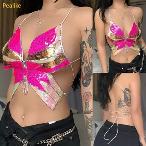 Pealike Nữ Nhiều Màu Lấp Lánh Kim Sa Lấp Lánh Cho Bướm Crop Dây Cổ Chữ V Ren-Up Backless Camisole Lễ Hội Rave Par