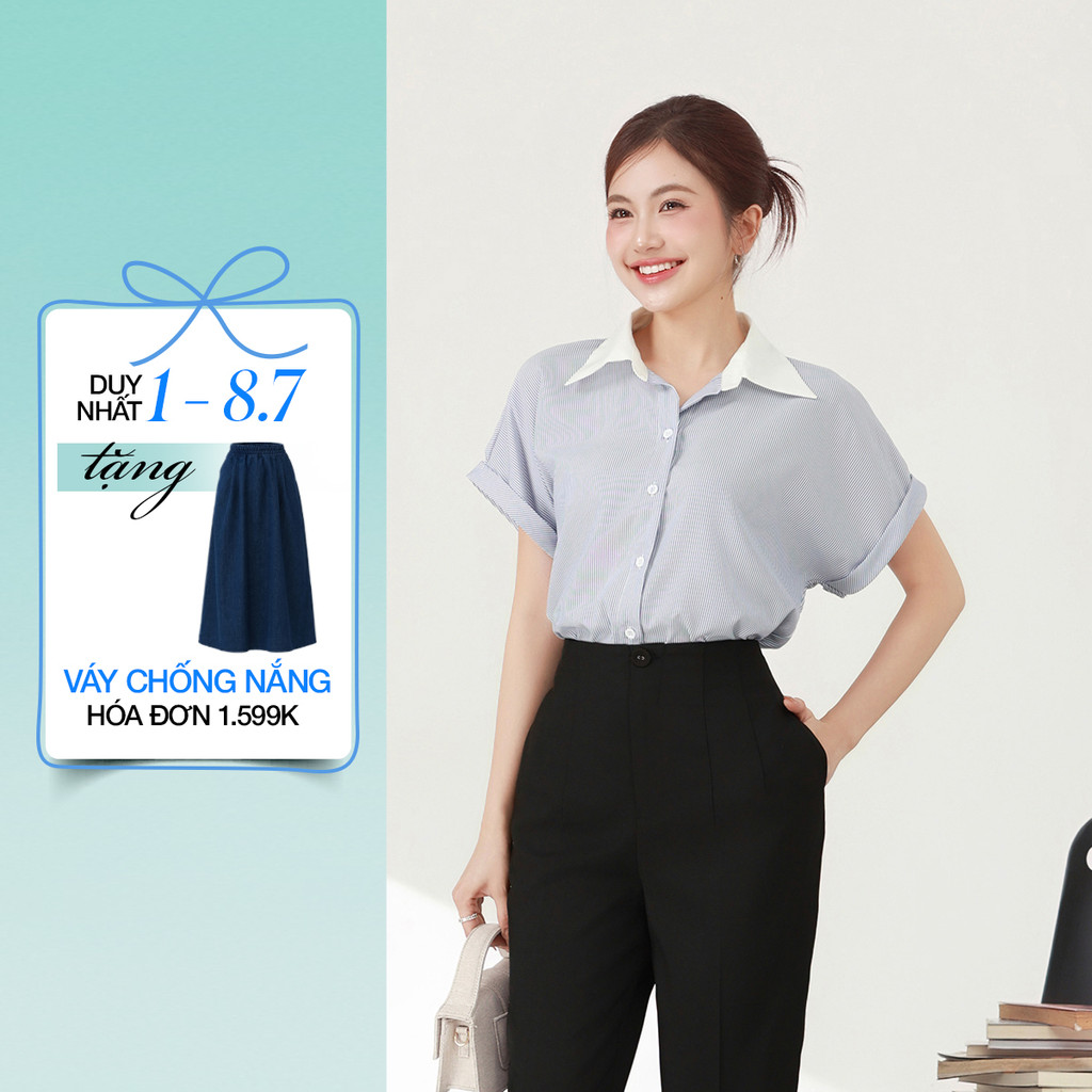 Áo Sơ Mi Nữ GUMAC Áo Kiểu Công Sở Kẻ Sọc Xanh Tay Ngắn Chất Cotton Thiết Kế Phối Cổ Trẻ Trung LAF0322