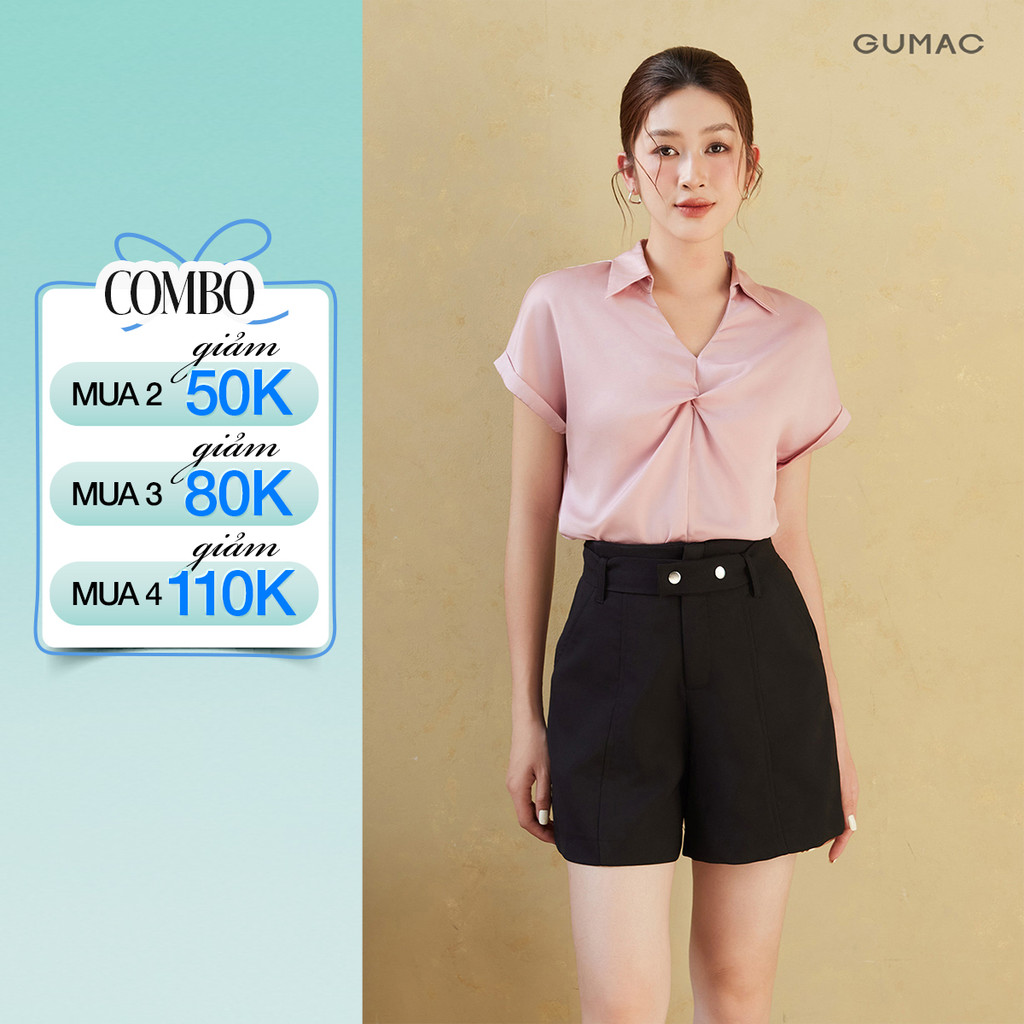 Áo Sơ Mi Nữ GUMACTay Ngắn Xoắn Ngực Chất Lụa Mềm Mát Thoải Mái Cả Ngày LAG05074