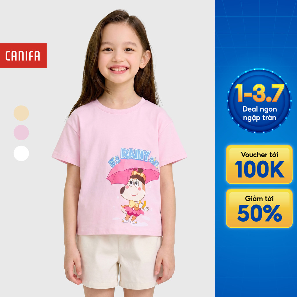 Áo phông bé gái CANIFA cổ tròn ngắn tay chất liệu thoáng mát thấm hút tốt in họa tiết 1TS26S014