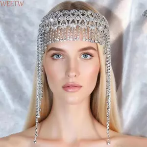 Mũ đội đầu kim cương giả WEETW, Tua dài sáng bóng Mũ đội đầu Tiara lấp lánh, Dây chuyền tóc tua rua sang trọng có thể điều chỉnh bền bỉ Đạo cụ dự tiệc