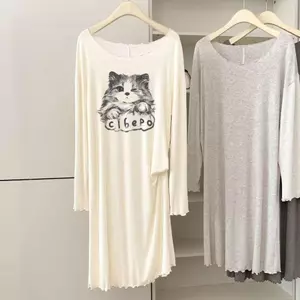 Váy ngủ mèo hoạt hình dễ thương Modal cổ tròn dài tay Bộ đồ ngủ mặc nhà
