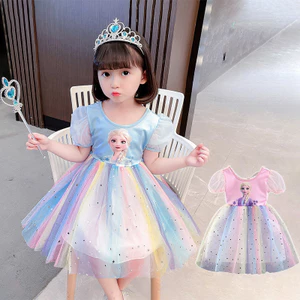 ✿ Bé Gái Cầu Vồng Đầm Công Chúa Sheer Puff Tay Đầy Sao Lưới Tutu Váy Trẻ Em Mùa Hè Ngày Lễ Áo Choàng