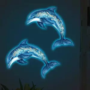 B & N Glowing Dolphin Toilet Stier Decal dán tường có thể tháo rời chống thấm nước để trang trí phòng tắm Nghệ thuật tự dính dạ quang ban đêm.