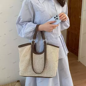 Túi Tote Dệt PYCOU, Túi Đeo Vai Ống Hút Dung Tích Lớn, Phong Cách Tối Giản Đô Thị Xuân Hè Đi Biển Kỳ Nghỉ Rỗng Túi