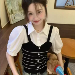 Áo sơ mi dệt kim hai mảnh giả nữ mùa hè Phong cách mới Thiết kế thích hợp kiểu Pháp Áo ngắn ngọt ngào