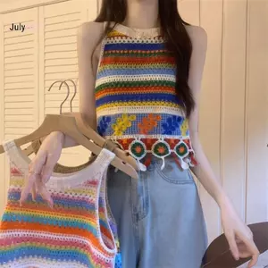 JULYHOT Mùa Hè Retro Sọc Rỗng Ra Dệt Kim Xe Tăng Top Nữ Tròn Ne Không Tay sel Camisole Massivedeals