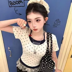 Áo thun ngắn tay hai mảnh màu chấm bi phong cách Hàn Quốc dành cho nữ mùa hè Phong cách mới Hot Girl Sweet Cool Slim-